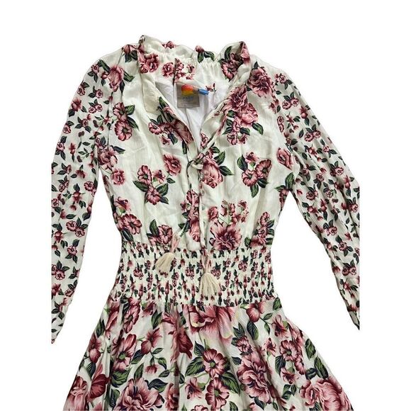 Farm Rio Anabela White Floral Smocked Ruched Waist Long Sleeve Dress XXS - Picture 12 of 14